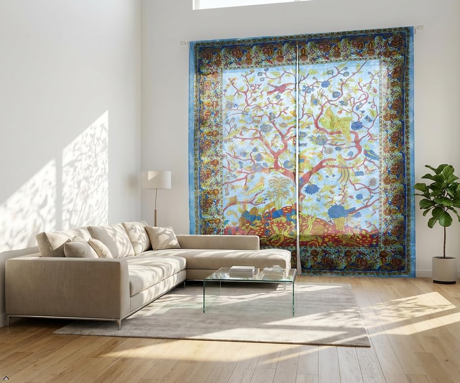 Popular Handicrafts Indian Hippie Bohemian Beautiful- Tree of Life- Bird Tie Dye Mandala Drapery Bedroom Living Room Balcony Curtain Panels Blue - color: Blue, size: 38"W x 83"L (Pack of 2)
