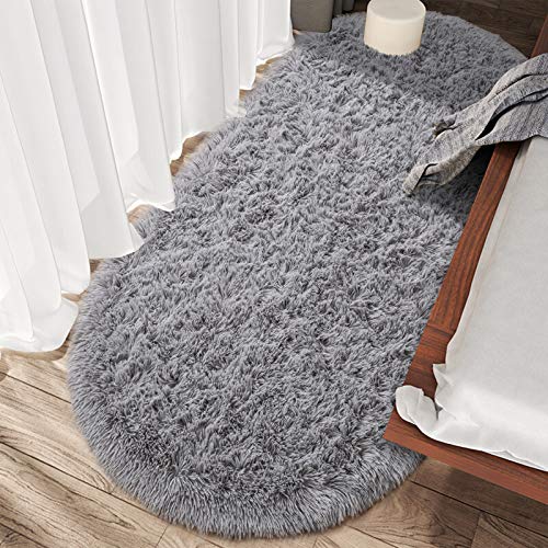 junovo Ultra Soft Washable Shaggy Rug - Non-Slip Oval Carpet for Nursery, Kids Bedroom & Home Decor (2.6x5.3ft Grey) | Plush Fluffy Floor Mat for Cozy Living Spaces - color: Grey, size: 2.6' x 5.3'