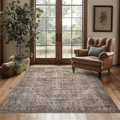 Brown Area Rug 5x7 Machine Washable Living Room Rug Modern Farmhouse Low Pile Non Slip Low Pile Boho Vintage Floral Moody Carpet for Bedroom, Dark Brown - color: Brown, size: 5' x 7' (Rectangular)