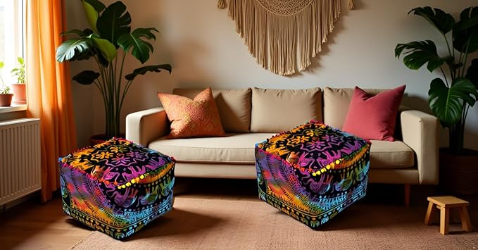 CRAFT KALA Square Mandala Floor Pillow Cushion Cover Seating Throw Cover Hippie Decorative Bohemian Ottoman Poufs Cover Pillow Cases Cotton Living Room Home Décor 20X20X14 inch, Multi U.p Elephant