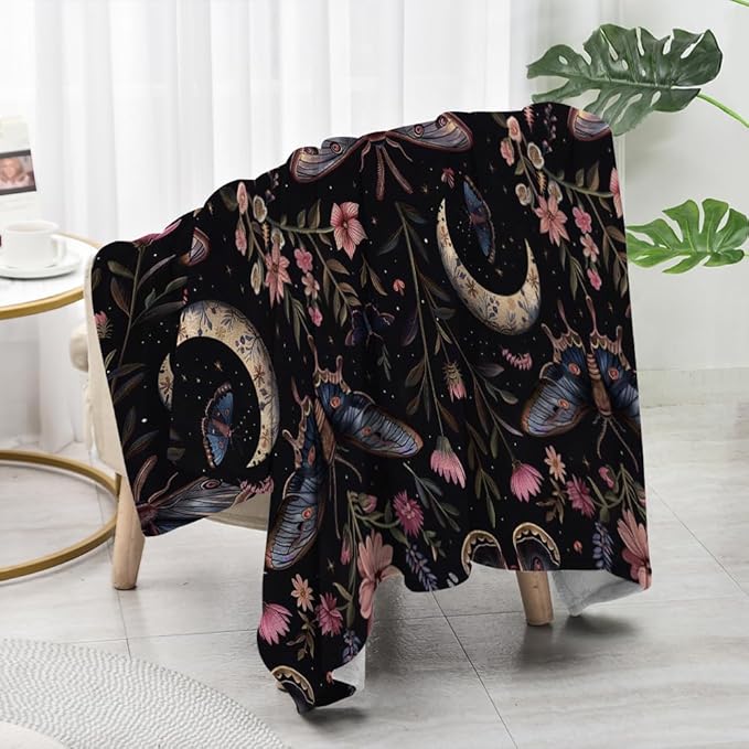 Moon Moth Throw Blanket 70"x80" Soft Cozy Lightweight Flannel,Mystical Night Garden Botanical Celestial Blankets Gifts for Women Gothic Witchy Blanekts for Couch Office Travel Home Decor