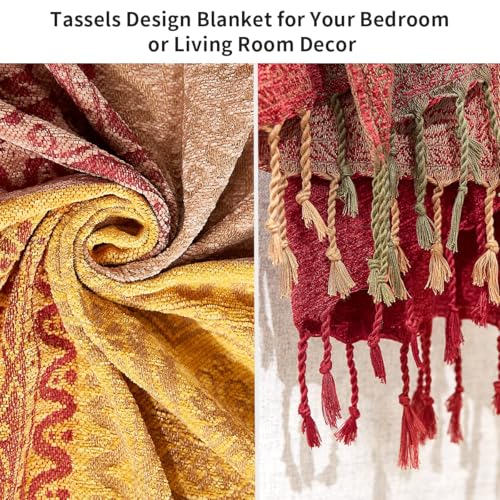 amorus Bohemian Throw Blankets Chenille Jacquard Tassels Soft Chair Cover for Bed Couch Decorative Sofa Throw Blankets - Colorful Tribal Pattern (Red, 60x75 Inches) - color: Colorful Tribal Pattern, size: 60 x 75 in