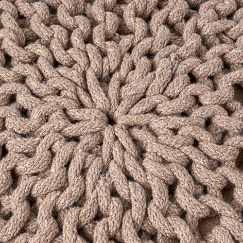 Round Pouf Ottoman, Knitted Cotton 20x20 Floor Pouf Foot Rest Stool, Handmade Braided Cable Knit Pouffe for Living Room Bedroom Nursery, Boho Home Decor Accent Seat, Brown