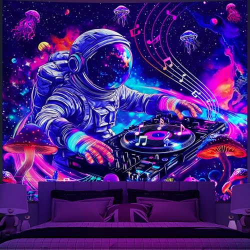 Apdidl Blacklight Space Astronaut Poster Tapestry for Bedroom, Black Light Cool Galaxy Funny DJ Music UV Reactive Tapestries, Glow in the Dark Universe Mushroom Plants Jellyfish Wall Hanging for Boys Men 51"X60" - color: Space Blacklight Tapestry, size: 6
