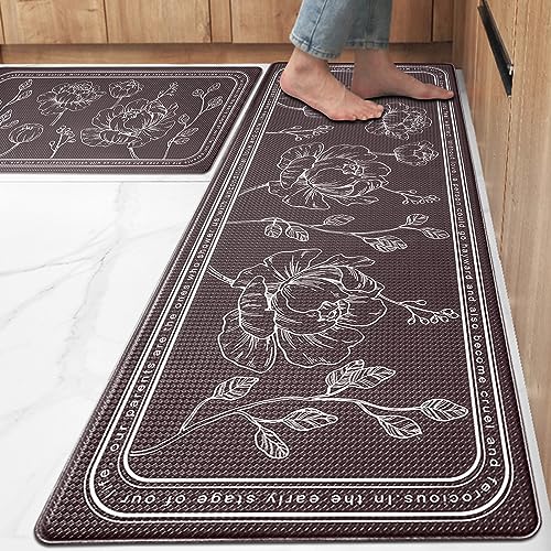 ROTTOGOON Kitchen Floor Mat Set of 2, Cushioned Anti Fatigue Kitchen Mat 17"x59"+17"x29", Non-Slip Waterproof Kitchen Rug, Premium PVC Comfort Kitchen Mats and Rugs for Kitchen, Office, Home, Laundry - color: Brown, size: 17"x59"+17"x29"