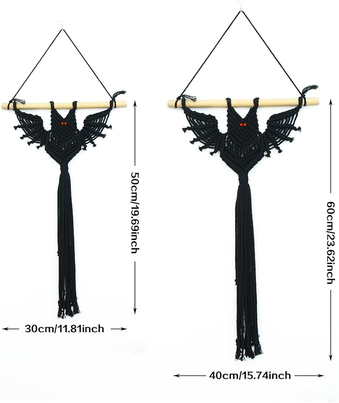 HVEST 2PCS Black Halloween Bat Macrame Wall Hanging Boho Decor Scary Black Bat, Gothic Handmade Woven Tapestry for Bedroom Spooky Halloween Decorations Macrame Wall Art for Living Room