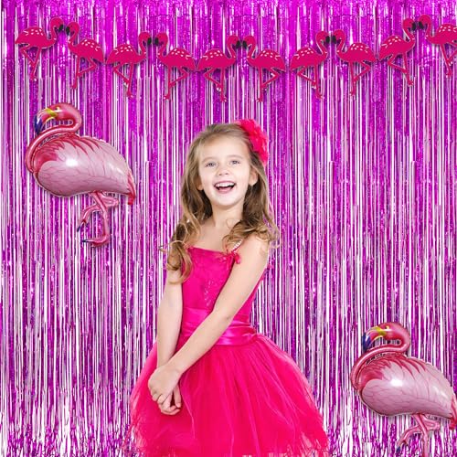 Magenta Tinsel Curtain Party Backdrop - GREATRIL Foil Fringe Curtain Photo Booth Streamers for Bachelorette Party Engagement Bridal Shower 2 PCS - color: Magenta