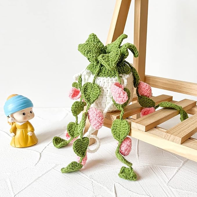Crochet Hanging Basket, Boho Knitted Plant Mirror Hanger, Cute Car Plant Accessories (F)