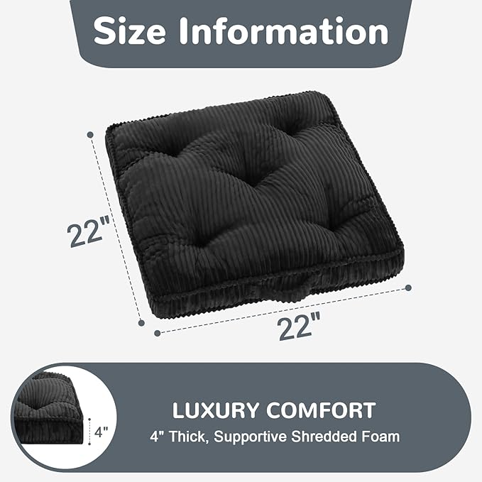 Floor Pillow, 22x22 Tufted Floor Cushion for Adults, Square Large Meditation Cushion Pillow, Corduroy Sitting with Handle, Yoga Seating for Tatami, Dark Grey, 1Pack