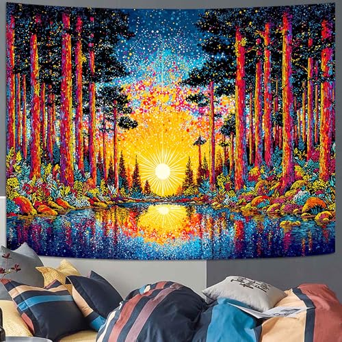 Spenlife Forest Lake Starburst Wall Tapestry, Trippy Sunrise Reflection Tapestries for Living Room Decor, Vibrant Tapestry 60x44 Inch - color: Orange Blue, size: 60"L x 44"W
