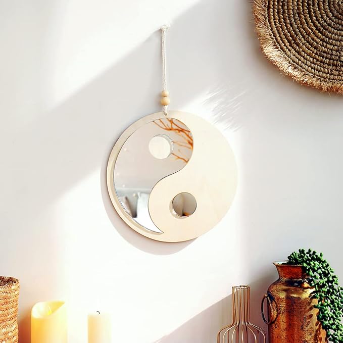 Artilady Yin Yang Decorative Mirror - Boho Wood Mirror Macrame Taiji Small Round Mirror Wall Decor for Apartment Nursery Bedroom Living Room Farmhouse Funky Home Decor