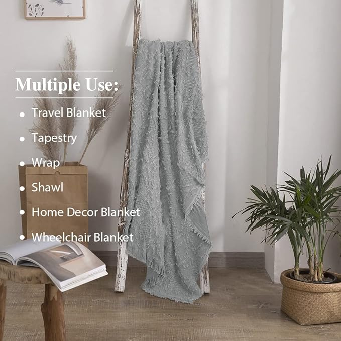 Simple&Opulence Cotton Throw Blanket for Bed, Couch, Boho Textured Geometric Knit Woven Blanket With Tassels Soft, Lightweight Breathable Shabby Chic Farmhouse Decoration for All-Season(Greyish Green)