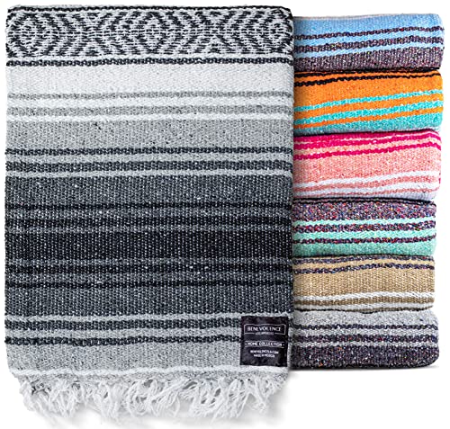 Benevolence LA Authentic Mexican Blanket – Handwoven Falsa Serape Throw – Beach, Camping, Picnic & Yoga Blanket – Lightweight Cotton Throw for Outdoor & Home – Gray, 50x70 in - color: Gray