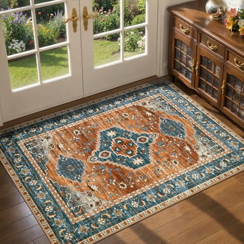 Tangsoo Oriental Small 2X3 Washable Rugs for Entryway, Vintage Non Slip Rug Carpet, Indoor Front Door Rug, Door Mat Indoor Entrance Soft Low Pile Throw Rugs for Entry Kitchen Bedroom Orange/Blue - color: Orange/Blue, size: 2' X 3' (Rectangular)