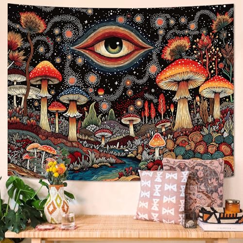 Accnicc Hippie Red Mushroom Tapestry Abstract Mystical Eye Wall Tapestry for Bedroom Aesthetic Boho Fantasy Starry Night Plant Large Tapestries Wall Hanging for Dorm Living Room Decor 80 × 60 Inch - color: Black Scarlet, size: 80"L x 60"W