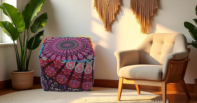CRAFT KALA Indian Square Patchwork Traditional Pouf Cover Indian Living Room Poufs Cover Decorative Designer Ottoman Home Living Footstool Chair Cover Ottoman Decor 20X20X14 inches, Pink Mirchi
