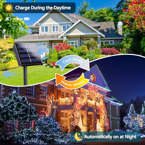 Warm White and Cool White Color Changing Solar String Lights for Outside, 2 Pack 400LED Solar Fairy Lights Outdoor Waterproof, Copper Wire with 8 Modes Solar Twinkle Lights for Tree Garden Party - color: Warm White to Cool White, size: 2 Pack-400LED