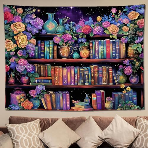 keowhsf Pink Purple Flower Bookshelf Wall Tapestry Colorful Tapestries for Bedroom Aesthetic Floral Tapestry Wall Hanging Cute Girl Bedroom Decor - color: Bookshelf, size: 48"L x 36"W
