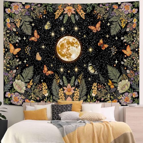 Kanuyee Moon and Butterfly Tapestry Nature Style Tapestry for Bedroom Celestial Starry Sky tapestries Wall Hanging Aesthetic Room Decor Full Moon with Butterfly 80"x60" - color: Black White, size: 80"L x 60"W