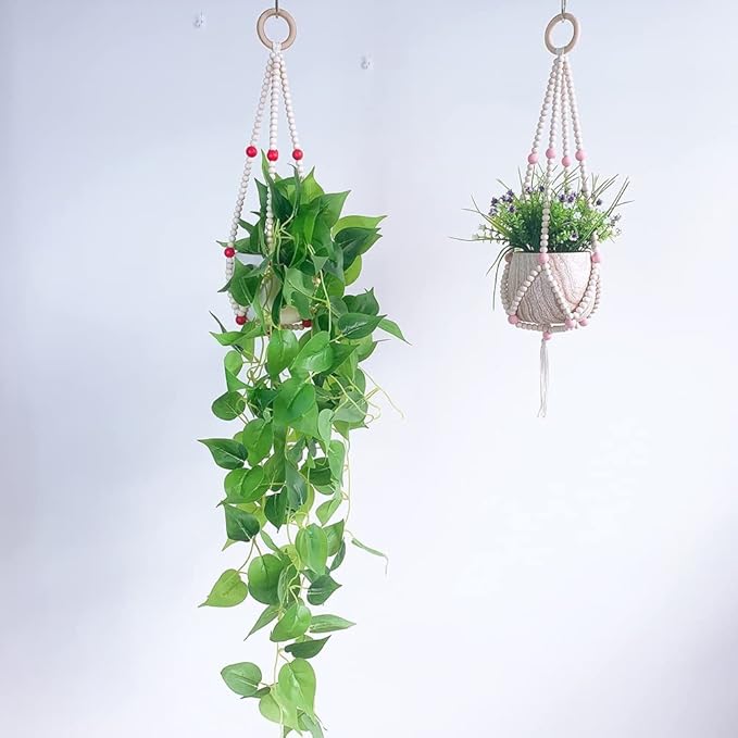 Ochine Macrame Plant Hanger Indoor Hanging Planter Basket Wood Beads Decorative Boho Flower Pot Holder with Round Hooks for Indoor Outdoor Boho Home Decor Handmade Bead Hangers (Not Included Pot)