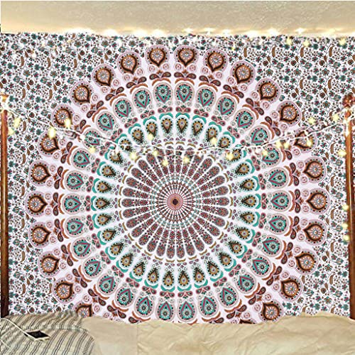 Bless International Handmade Indian hippie Bohemian Psychedelic Peacock Mandala Wall hanging College Dorm Beach Throws Table Cloth Bedding Tapestry (Floral Gold, Queen(84x90Inches)(215x230Cms)) - color: Floral Gold, size: 90"L x 84"W