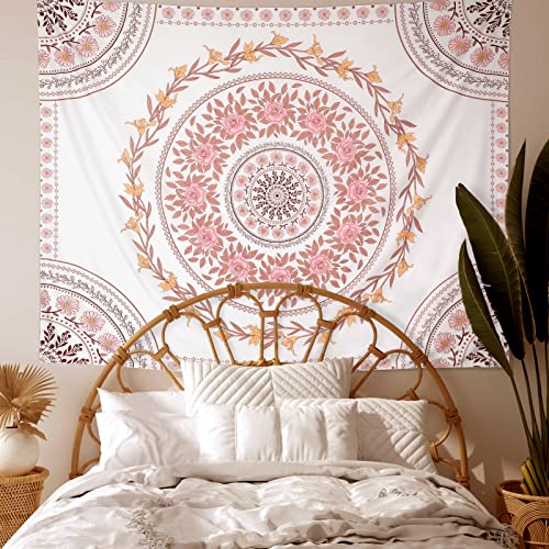Wall Tapestry for Bedroom Aesthetic Pink Mandala Wall Hanging Large Boho Trippy Tapestries Bohemian Art Tapistry Hippie Floral Tapastry Decor For Bedroom Ceiling Living Room Dorm (71ʺ × 91ʺ) - color: Boho Tapestry-White, size: 92"L x 71"W