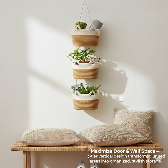 Hanging Wall Basket, Over the Door Hanging Basket with Hooks, Decorative Hanging Basket for Wall, Door, Nursery, Living Room, Bathroom, Cat-Like Design for Boho Decor, White & Jute