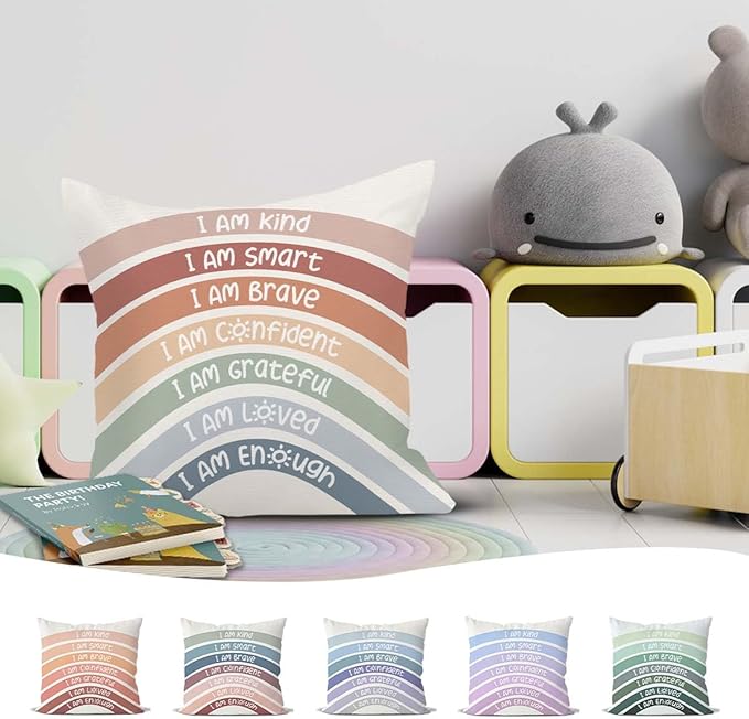 QIYUHOY Kids Classroom Reading Corner Rainbow Throw Pillow Covers 18x18, Positive Affirmations Pillow Case Decor for Calming Corner Cozy Corner Nursery Toddler Room Playroom