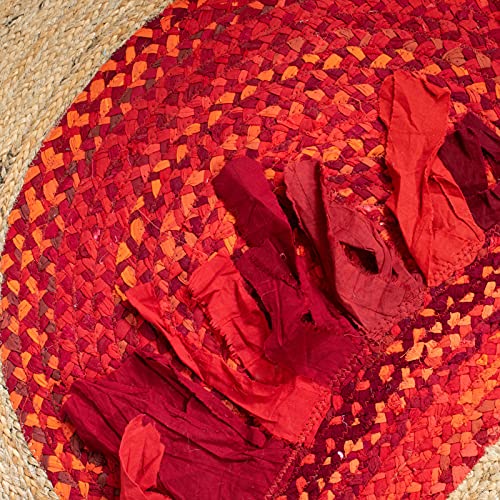 SAFAVIEH Cape Cod Collection 3' Round Red / Natural CAP701Q Handmade Boho Fringe Jute & Cotton Area Rug - color: Red/Natural, size: 3' (Round)