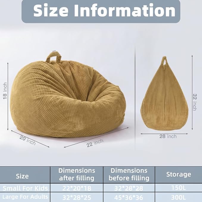 Stuffed Animal Storage Bean Bag Chair Cover (No Filler), Large Toy Storage Organizer & Comfy Kids Sofa Chair for Playroom, Teens Adults Toddler,Corduroy (Khaki, Cover Only)