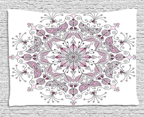Ambesonne Mandala Tapestry, Lacy Inspired Pastel Floral Motif with Butterfly and Lotus Branches Design, Wide Wall Hanging for Bedroom Living Room Dorm, 80" X 60", White Pale Pink - color: Pink White, size: 80"L x 60"W