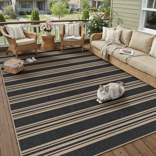 PureCozy Striped Easy Jute Rug 5x7 Black Living Room Carpet Washable Non Slip Bedroom Office Rug Farmhouse Neutral Non Shedding Indoor Outdoor Large Carpet for Kitchen Dining Room - color: Black/Striped, size: 5' x 7' (Rectangular)