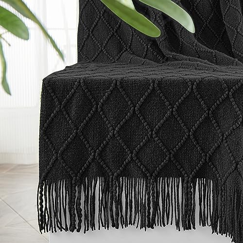 inhand Knitted Throw Blankets for Couch and Bed, Soft Cozy Knit Blanket with Tassel, Black Lightweight Decorative Blankets and Throws, Farmhouse Warm Woven Blanket for Men and Women, 60"x80" - color: Black, size: 60"x80"