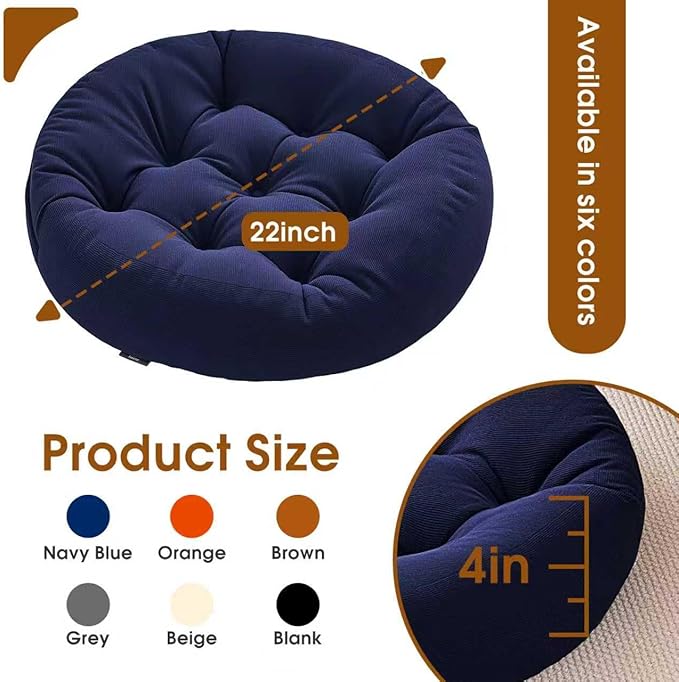 4Pcs Floor Pillows for Adults, 22x22 Inch Meditation Cushions, Large Round Sitting Cushion Living Room Memory Foam Pillow for Sitting (4, Navy, 22x22x4 Inch)