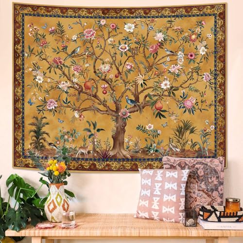 Faxdong Boho Tree of LIfe Tapestry, Vintage Flower Leaves Birds Plant Animal Pattern Tapestries, Retro Indian Bohemian Aesthetic Wall Hanging Orange Yellow 44×60 inch - color: Yellow, size: 60"L x 44"W