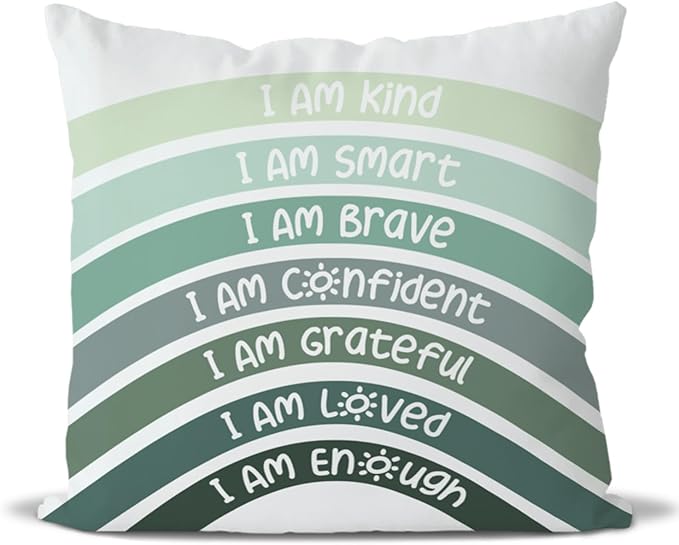 QIYUHOY Boho Sage Eucalyptus Green Rainbow Classroom Throw Pillow Covers, Olive Green Pillow Cover, Book Center Calming Corner Playroom Decor Pillow Case,I Am Kind Smart Brave Confidence,22x22 Inch