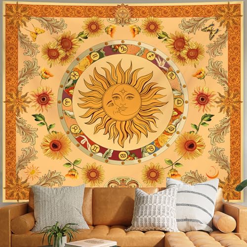 Apdidl Boho Sun and Moon Yellow Tapestry for Bedroom, Vintage Indie Hippie Orange Wall Tapestries, Nature Sunflower Blanket Cute Wall Hanging, Butterfly Moth Aesthetic Art Decor for Living Room 51" X 60" - color: Yellow Sun Tapestry, size: 60"L x 51"W