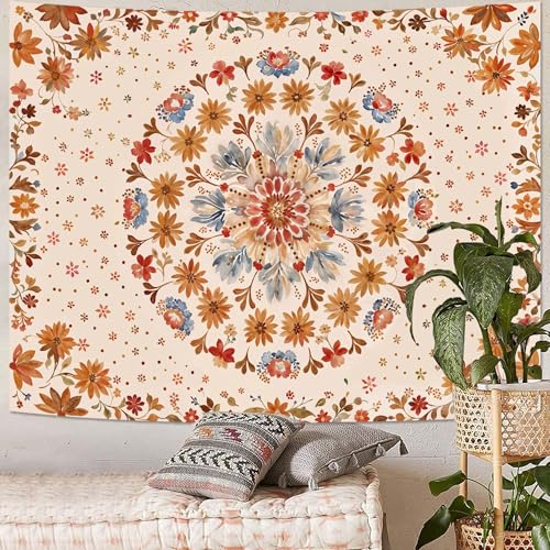 Fowocu Boho Floral Mandala Tapestry Wall Hanging Watercolor Bohemian Flower Medallion Tapestry Aesthetic Beige Orange Hippie Indian Large Tapestries for Bedroom Living Room Dorm Decor 80 x 60 Inch - color: Beige Orange, size: 80"L x 60"W