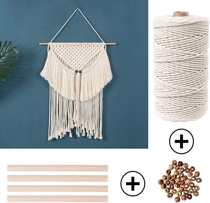 119pcs Macrame Kits for Starter 3mm x 109Yards Natural Cotton Macrame Cord with 100pcs Wooden Beads,10pcs Wooden Rings,Wooden Sticks,Metal Rings,S Hooks Macrame Supplies for Plant Hangers