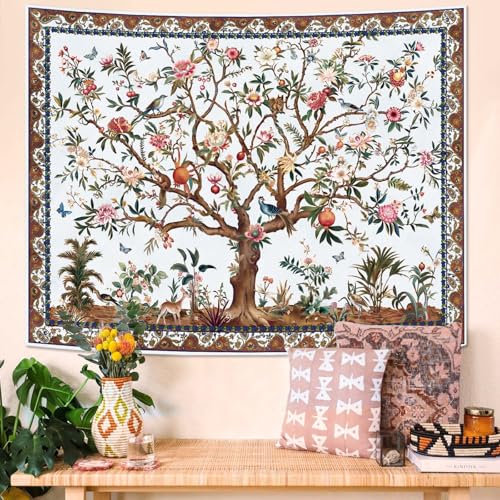 Faxdong Boho Tree of LIfe Tapestry, Vintage Flower Leaves Birds Plant Animal Pattern Tapestries, Retro Indian Bohemian Aesthetic Wall Hanging White 44×60 inch - color: White, size: 60"L x 44"W