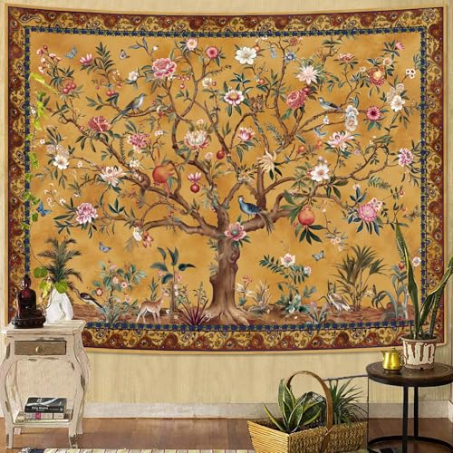 Faxdong Boho Tree of LIfe Tapestry, Vintage Flower Leaves Birds Plant Animal Pattern Tapestries, Retro Indian Bohemian Aesthetic Wall Hanging Orange Yellow 36×48 inch - color: Yellow, size: 48"L x 36"W