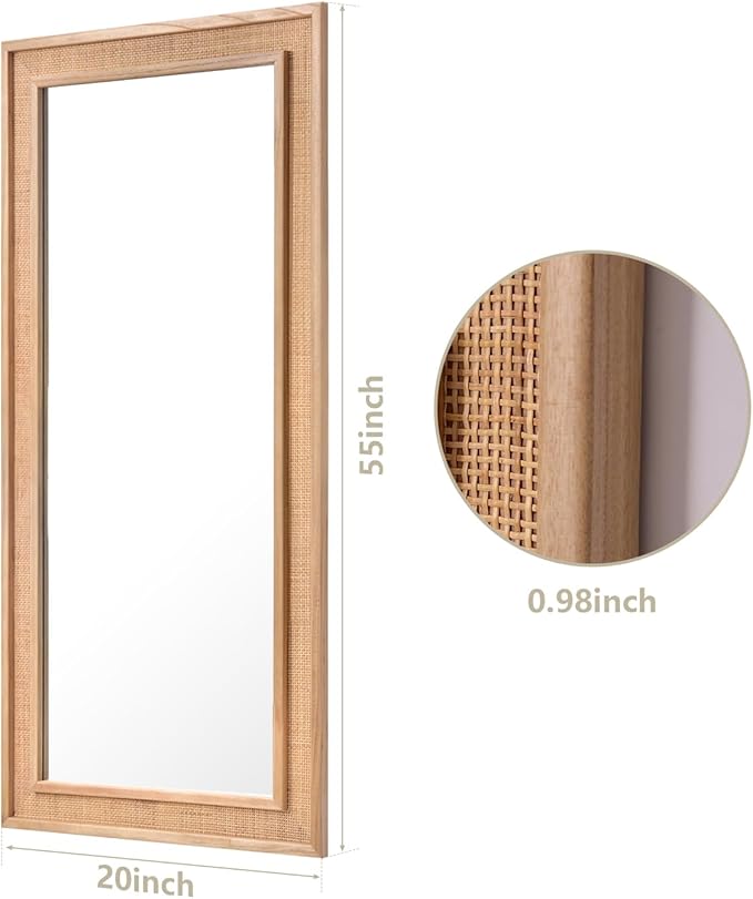 Rattan Full Length Mirror, 20"x55" Decorative Long Rattan Floor Mirror, Rectangle Wooden Full Body Mirror with Wicker Frame Hanging for Bathroom Living Dressing Room