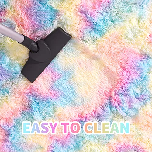 junovo Ultra Soft Washable Shaggy Rug - Non-Slip Oval Carpet for Nursery, Kids Bedroom & Home Decor (2.6x5.3ft Tie-Dye Rainbow) | Plush Fluffy Floor Mat for Cozy Living Spaces - color: Tie-dye Rainbow, size: 2.6' x 5.3'