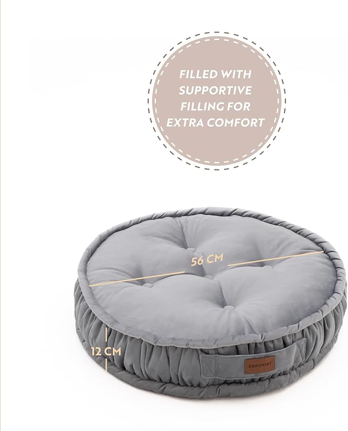 Round Floor Cushion, Floor Pillow Thick Floor Seating, Comfortable Supportive, Quilted Soft Booster Seat Pad for Yoga Meditation, Yoga Cushion, 56 cm 22 inch, Ibiza, Light Grey