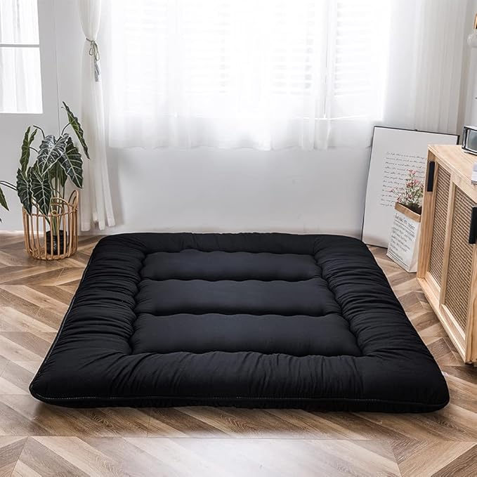MAXYOYO Japanese Floor Mattress Futon Mattress, 4" Thicken Tatami Mat Sleeping Pad Foldable Roll Up Mat Boys Girls Dormitory Pad Kids Floor Lounger Pillow Bed, Black, Full