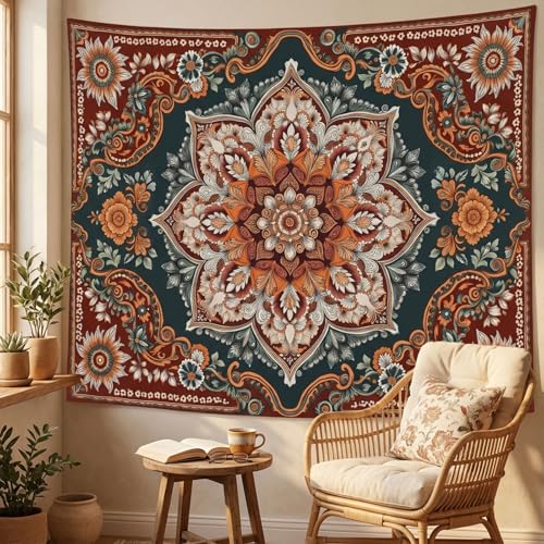 Motanber Vintage Mandala Tapestry Wall Hanging Boho Floral Tapestry Aesthetic Bohemian Flower Hippie Retro Indian Cute Small Tapestries for Bedroom Living Room Dorm Decor 60 x 44 Inch - color: Dark Red Green, size: 60"L x 44"W