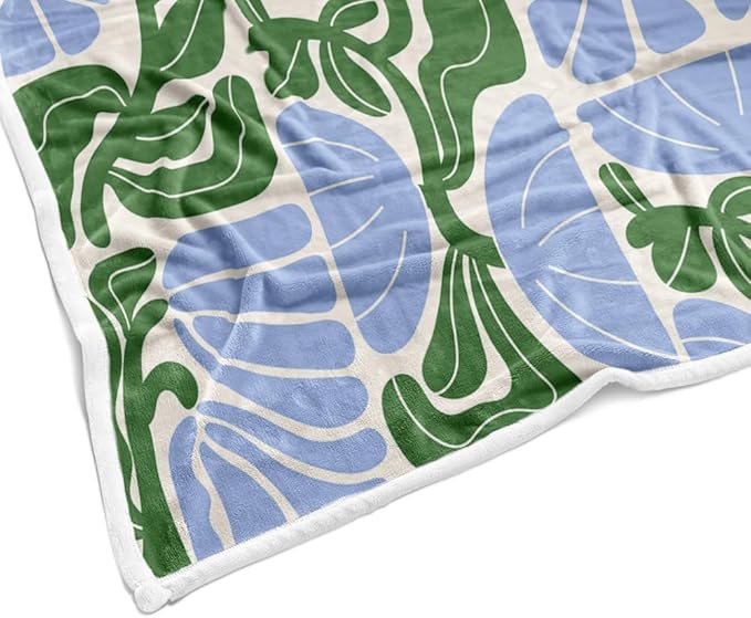 Boho Abstract Colorful Floral Throw Blanket, Vintage Retro Patchwork Blue Green Flower Botanical Geometric Aesthetic Groovy Flannel Throw Blanket for Chair Bed Sofa Couch, 50X60IN