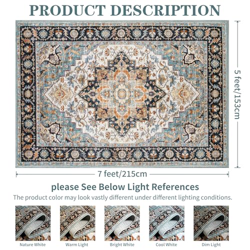 Foxmas 5x7 Area Rugs for Living Room, Machine Washable Vintage Rug, Non-Slip Low Pile Throw Rugs with Rubber Backing Washable Carpet for Bedroom Dining Room Kitchen Home Decor, Wood & Blue - color: Wood & Blue, size: 5' X 7' (Rectangular)