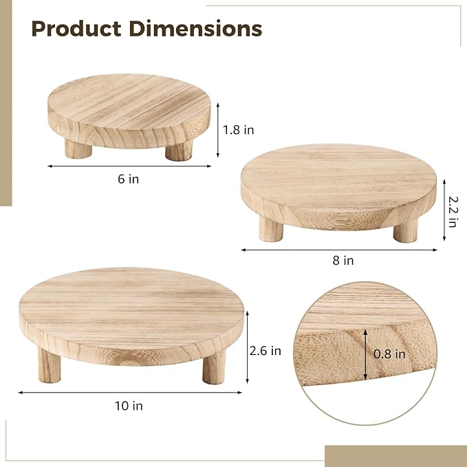 3 Pcs Wood Plant Stands, Wooden Pedestal Stands, Round Wood Display Risers, Modern Decorative Planter Holders, Flower Pot Display Trays, 6", 8", 10", Ideal for Home Decor
