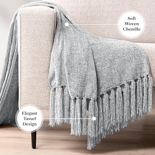 PAVILIA Light Gray Chenille Throw Blanket for Couch, Sofa Bed - Soft Knit Woven with Tassel, Decorative for Chair Living Room - Light Grey 50x60 - color: Light Grey, size: 50 X 60 Inches - Throw
